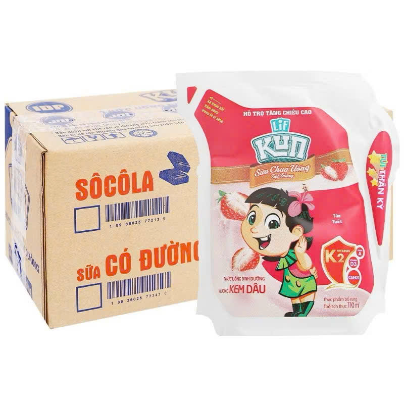 Sữa chua uống tiệt trùng KUN hương kem dâu túi 110ml - Thùng 24 túi x 110ml