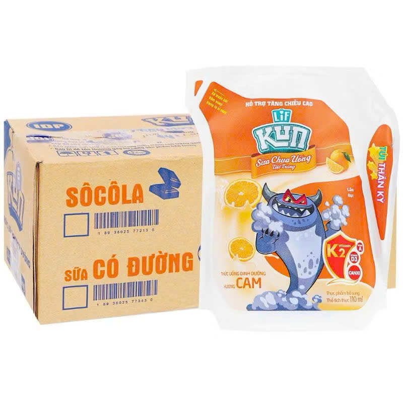 Sữa chua uống tiệt trùng KUN hương cam túi 110ml - Thùng 24 túi x 110ml